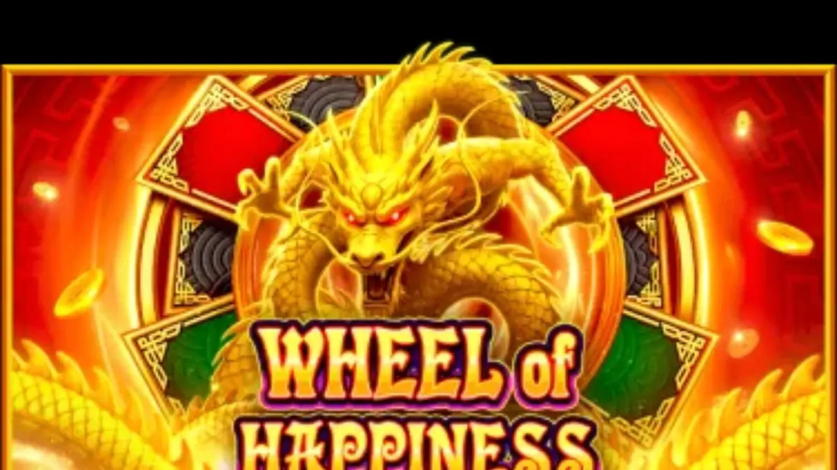 Wheel of Happiness slot machine interface na may temang gintong dragon at oriental na disenyo